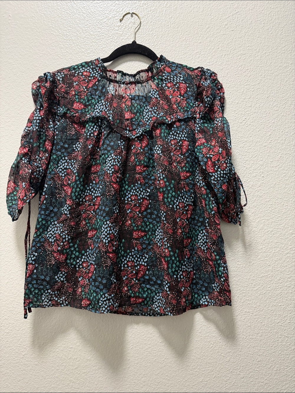 LOFT Black Floral Ruffle Neck Blouse with Teal & Red Accents
